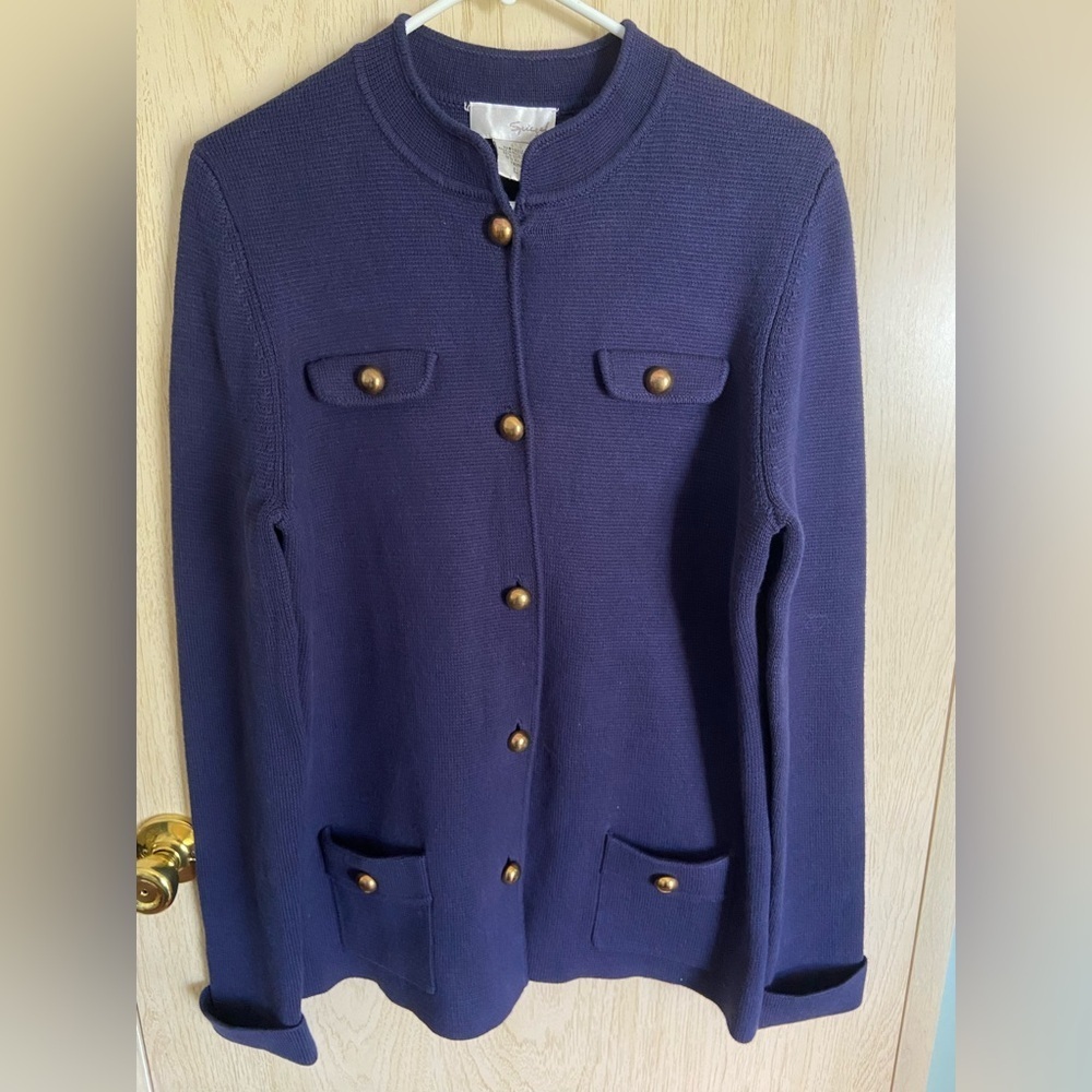 SPIEGEL Vintage Navy Blue Johnny Collar Knit Blazer Gold Buttons Sz Large